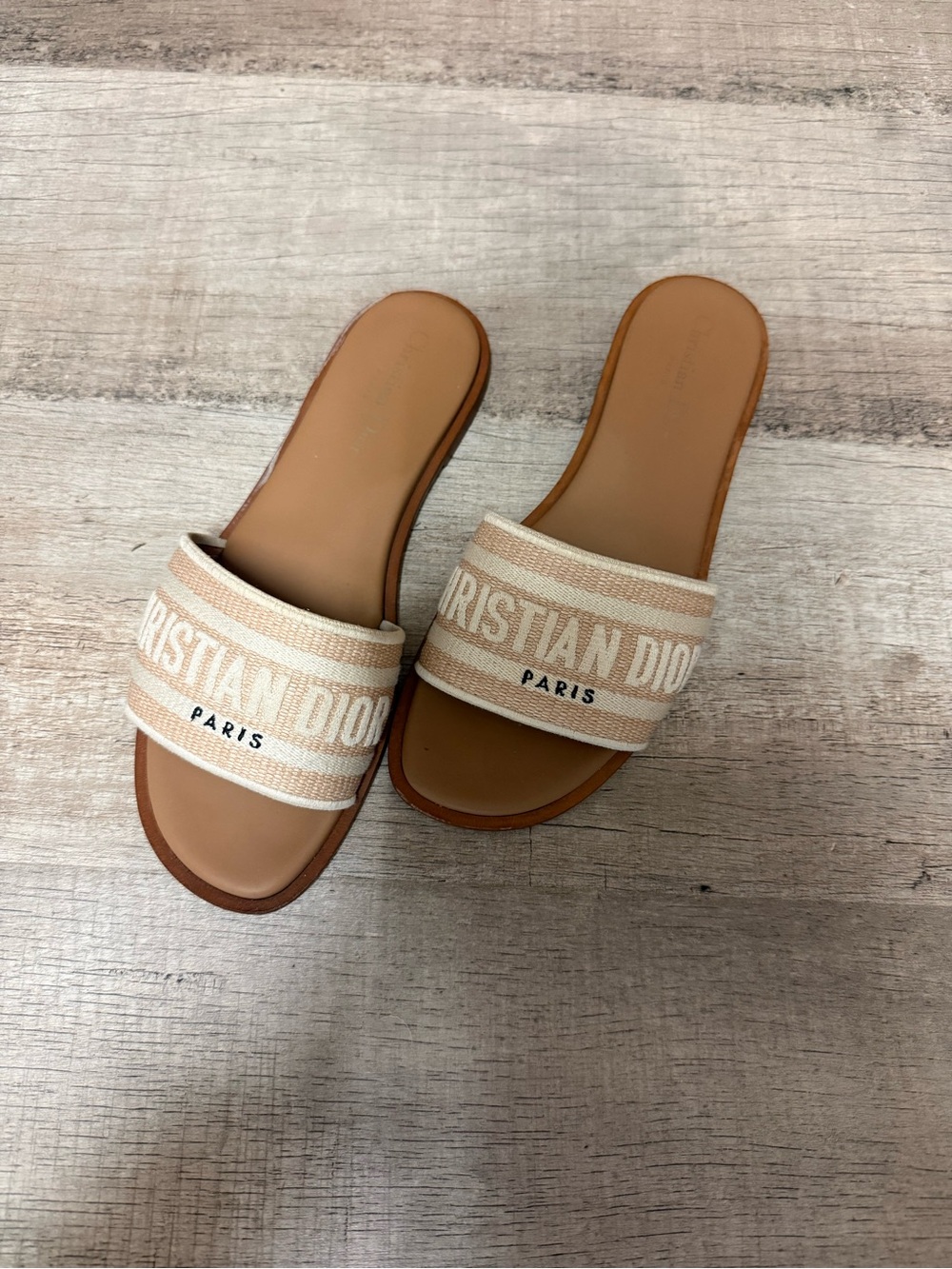 Dior Beige Tan Logo Slide Sandals